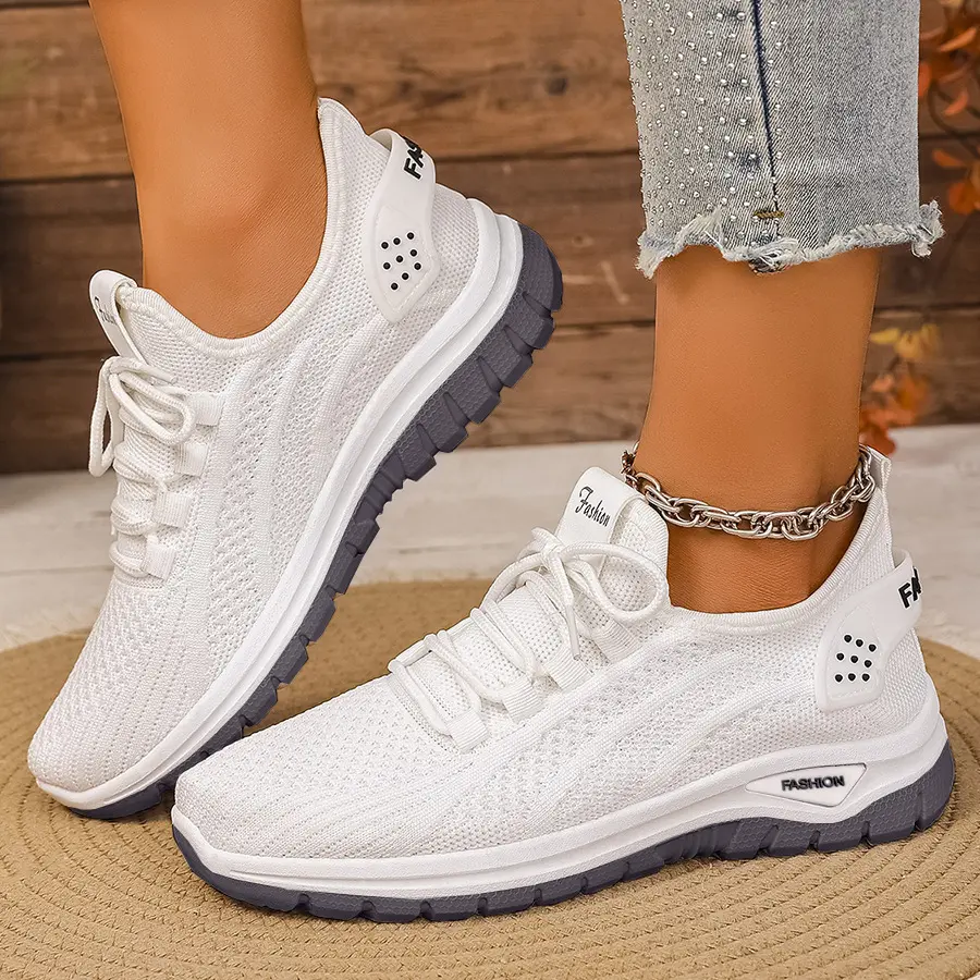 OFIREND Ladies Casual Round Toe Polyester Knit Sneakers, Lightweight Breathable Walking Shoes for Office Work and All Seasons, Ladies Sneakers, Basic Look, All Day Wear, Laces, Active Casual Trainers, Rubber, Us 6.5, Trainer, Footwear, Women, Sneakers For