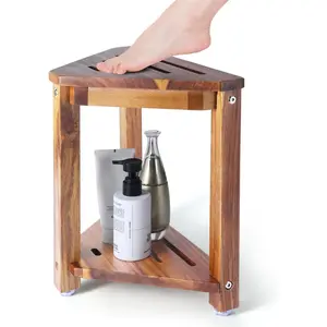 Corner Teak Shower Bench,  , Wood Corner Shower Beach, 500 LBS with Storage Shelf, Shower Stool for Inside & Outside Shower, for Bathroom Seat