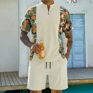 Men’s 2-piece camouflage print half-zip set — quick-dry short-sleeve top + drawstring shorts, essential for summer vacations and everyday casual wear