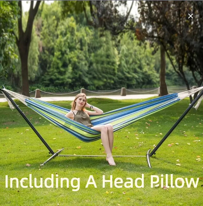 Double Hammock with Head Pillow – Sturdy Steel Stand & Portable Case – Supports 450 lbs – Ideal for Camping & Backyard Relaxation