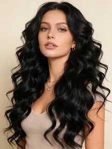 26 Inch Long Wavy Hand-Tied Lace Front Wigs with Natural Hairline Middle Part Synthetic Glueless wig for Women Girls Daily Party Use Black