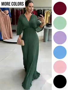 VVZ 2026 Women's Green Dress Elegant Pleated Maxi Dress V Neck Flutter Sleeve Cocktail Party Evening Gown Flowy Wedding Guest Prom Dress Womenswear