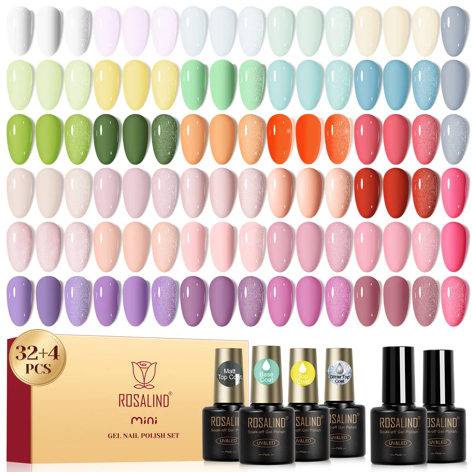 Rosalind 36Pcs Macaron Colors Gel Nail Polish Set 32Colors Light Pink Purple Nude Nail Gel with 4 Functional Gel Christmas Party Girl's Gifts Manicure Set Requires UV LED Nail Lamp for Drying
