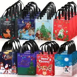 32-Pack Large Reusable Christmas Gift Bags, Festive Santa Tree Snowman Design, PP Material, Foldable, Blue Colors, Party Favors