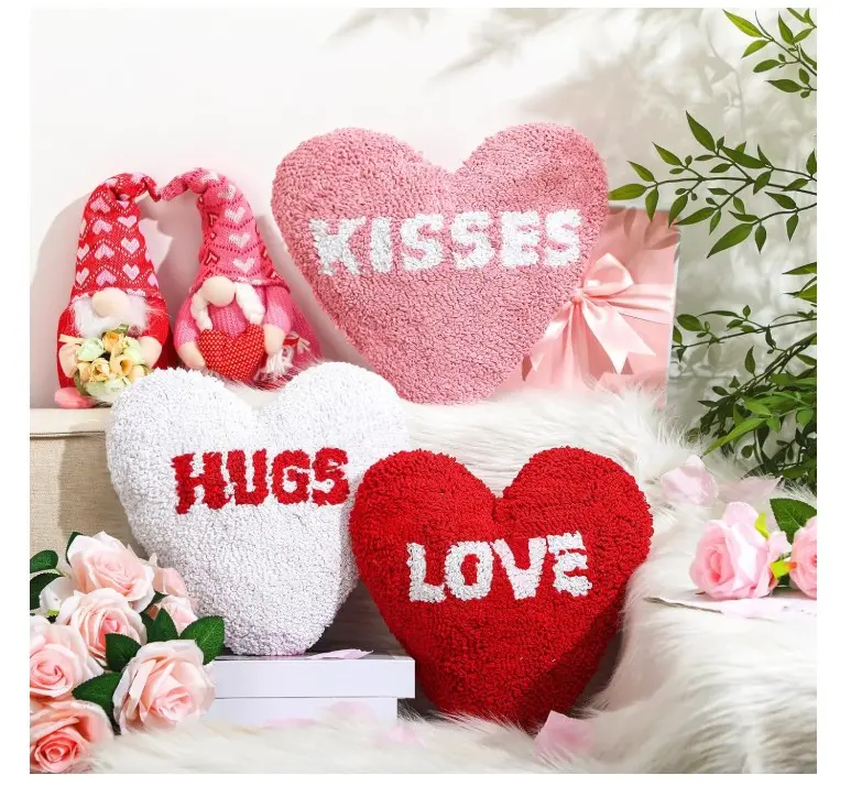 Valentine's Day Pillows 11.8'' Decorative Heart Shaped Pillows for Sofa Red White Pink Throw Pillows Cute Sofa Love Cushion for Indoors Home Outdoor