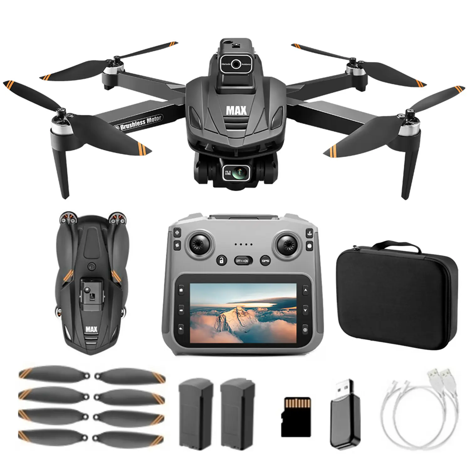 V168 MAX GPS HD Dual Camera RC Drone with 4.5" HD Screen Remote Controller, Long Range Transmission, 360° Flip, Follow Me, Auto Return, Powerful Brushless Motor, Lightweight Quadcopter with Carrying Case and Two Batteries for Adults and Beginners