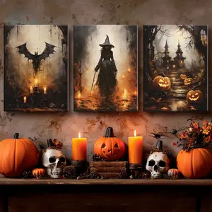 3 Counts Wooden Framed Canvas, Hanging Wall Art, Gothic Horror Witch, Halloween Home Poster, Halloween Party Decorations, Home Hanging Paintings, Horror Theme, Interesting Posters, Exquisite Gifts, High-Definition Art