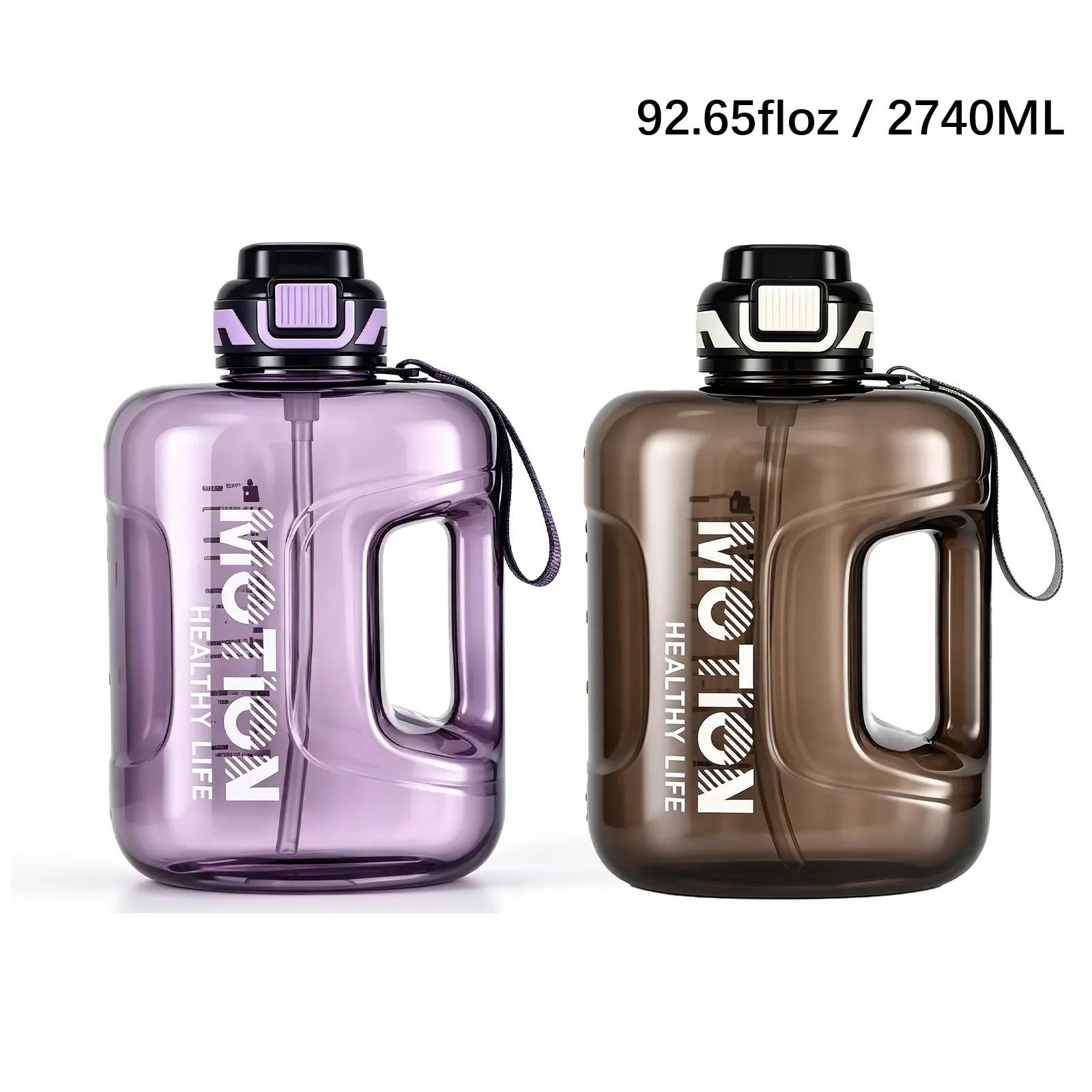 2Pcs 92.7oz/2740ml Large Capacity Water Jug with Straw & Carry Strap, Big Sports Water Bottle for Gym Camping Hiking Outdoor