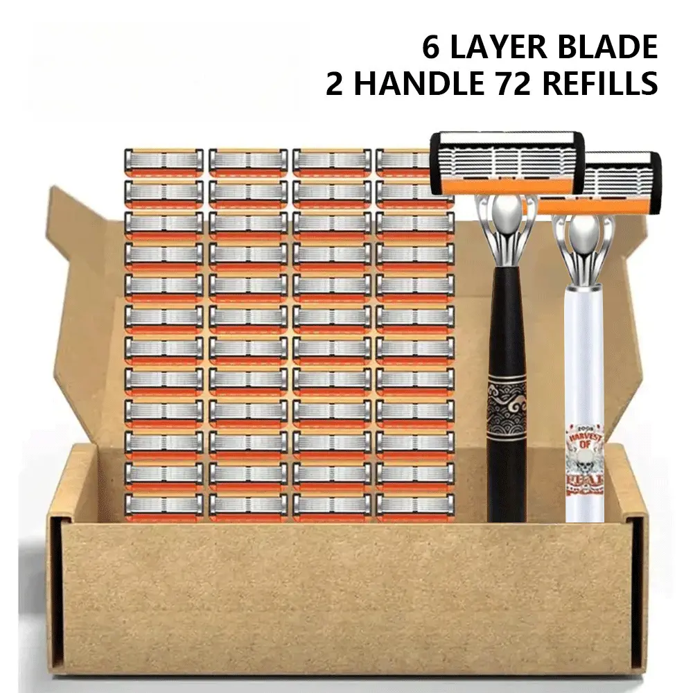 Men’s razor blade replacement pack: 72 blades (6–8 layers) + 2 handle pieces; sharp manual razor blades; men’s daily grooming product; head shaver; men’s razor; stainless steel blades; razor; razor set