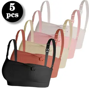 5 PCS Maternity Nursing Bras for Breastfeeding, Ribbed Wireless Bras with One-Handed Clasp, Adjustable Straps, Postpartum Everyday Wear Essentials