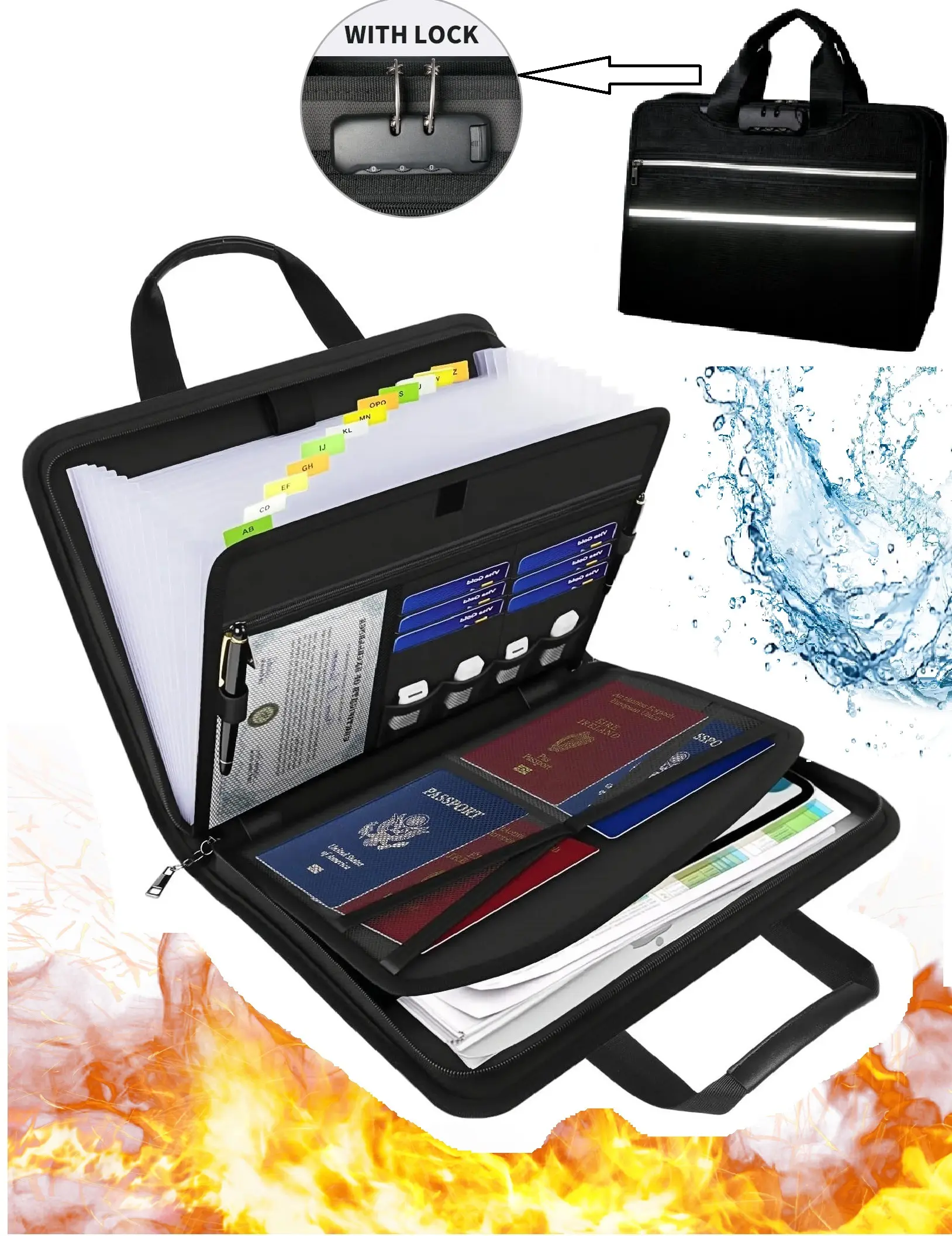Fireproof Lockable Accordion File Organizer, 13-Pocket Expanding Folder with Handle & Labels, Portable Business Supplies for Letter/A4 Files, Unisex Festive Party Gift for Important Documents Storage