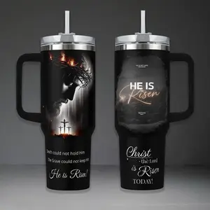 Christ The Lord Is Risen Today 40oz Tumbler with Handle, Religious Easter Resurrection Travel Mug, Jesus Crown of Thorns Double Printed Vacuum Flask, Christian Spiritual Gift, Heavy Duty Stainless Steel Cup with Straw
