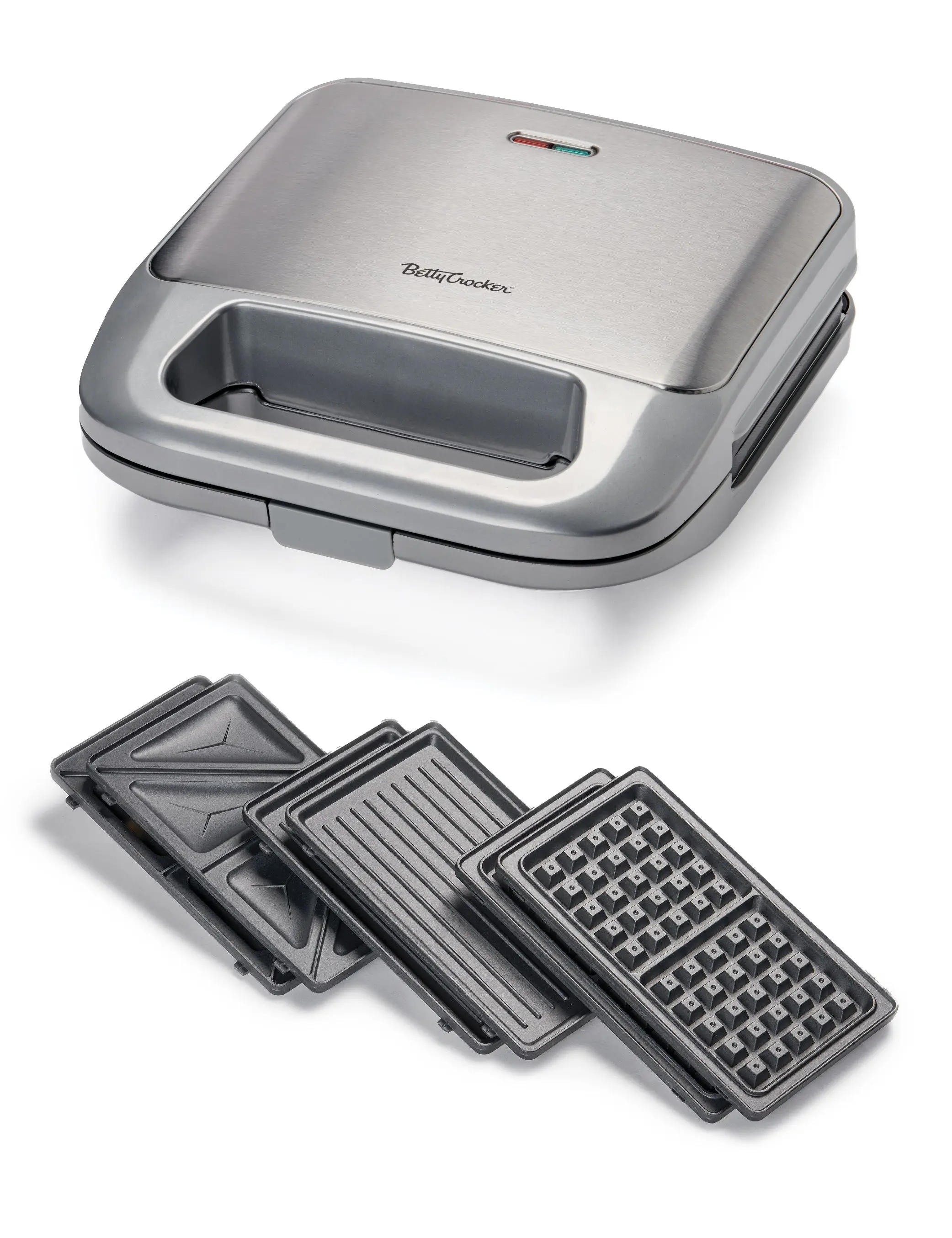 Betty Crocker 3-in-1 Indoor Grill, Sandwich / Panini Press & Waffle Maker Plus, Electric Grill Indoor with Interchangeable Non-Stick Plates, 750 Watts, BC-4965S, Silver