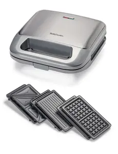 Betty Crocker 3-in-1 Indoor Grill, Sandwich / Panini Press & Waffle Maker Plus, Electric Grill Indoor with Interchangeable Non-Stick Plates, 750 Watts, BC-4965S, Silver
