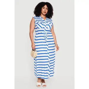 Plus Size Striped Tie Waist Belted Button Front Shirt Dress