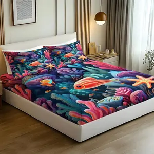 Fitted Sheet 3pcs Set: Underwater Fantasy Fitted Sheet Set, Vibrant Marine Life Print with Whimsical Coral & Fish, Ultra-Soft & Breathable Bedding Collection, Includes 1 Fitted Sheet + 2 Pillowcases, Perfect for Modern Bedroom Decor, No Filling.