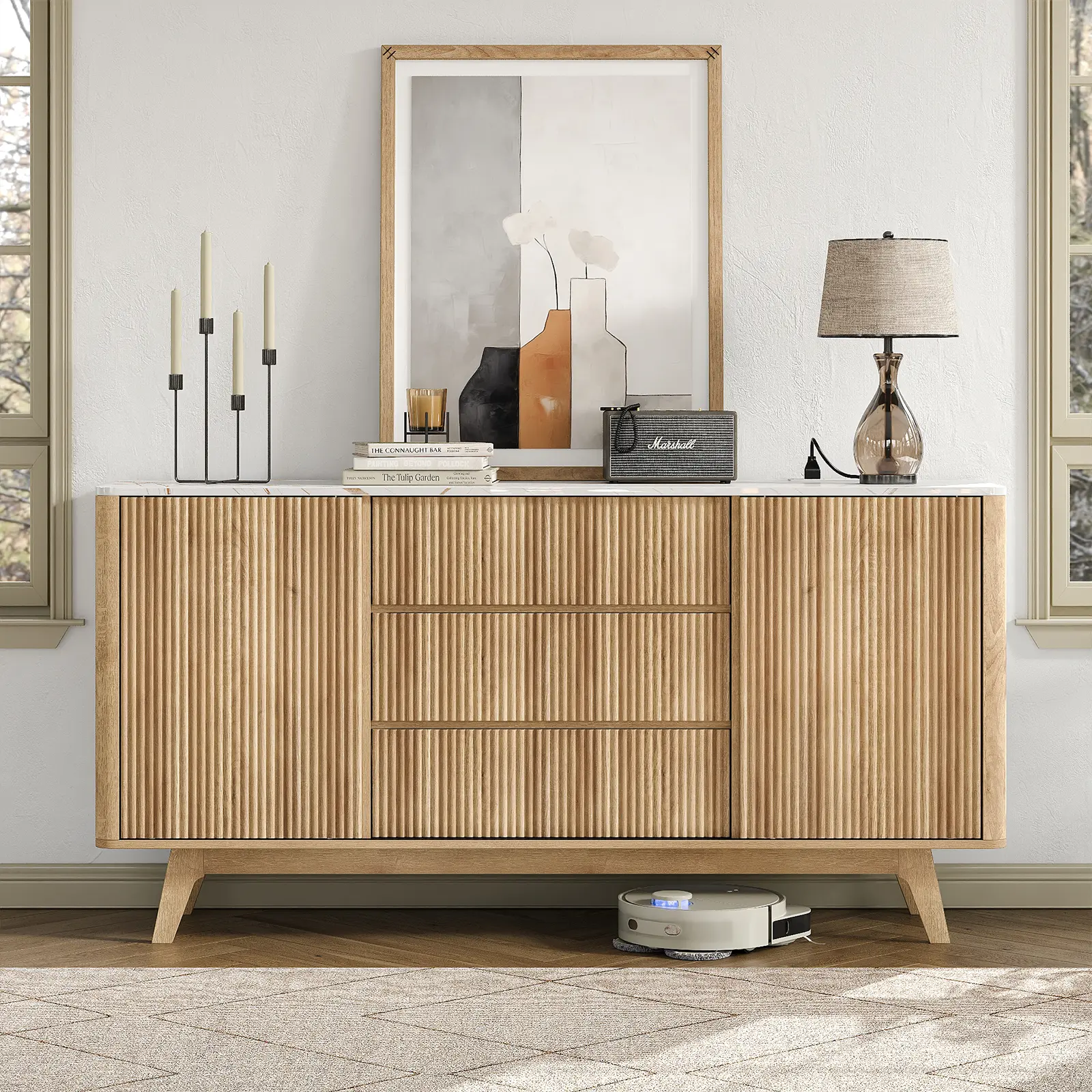 FUSOU 62" W Sturdy Wood Durable Floor-Standing Fluted Sideboard Buffets Cabinet with Sliding Doors, Power Outlet, 3 Drawers, Modern Storage for Living Room, Dining Room, Natural Finish