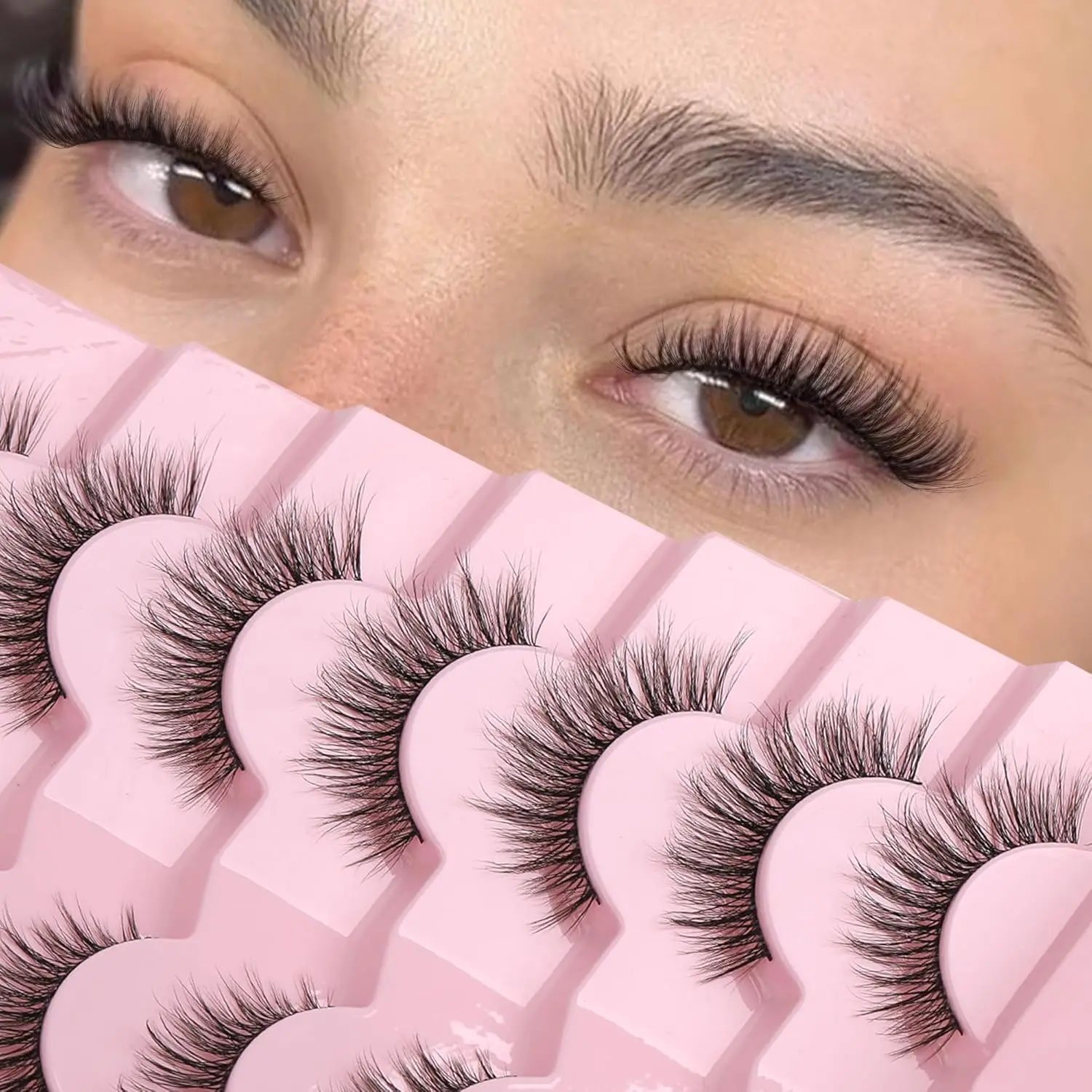 7 Pairs Wispy False Eyelashes, Natural Flared Strip Lashes, Soft Lightweight Volume, Comfortable Everyday Eye Makeup, Reusable Lash Set