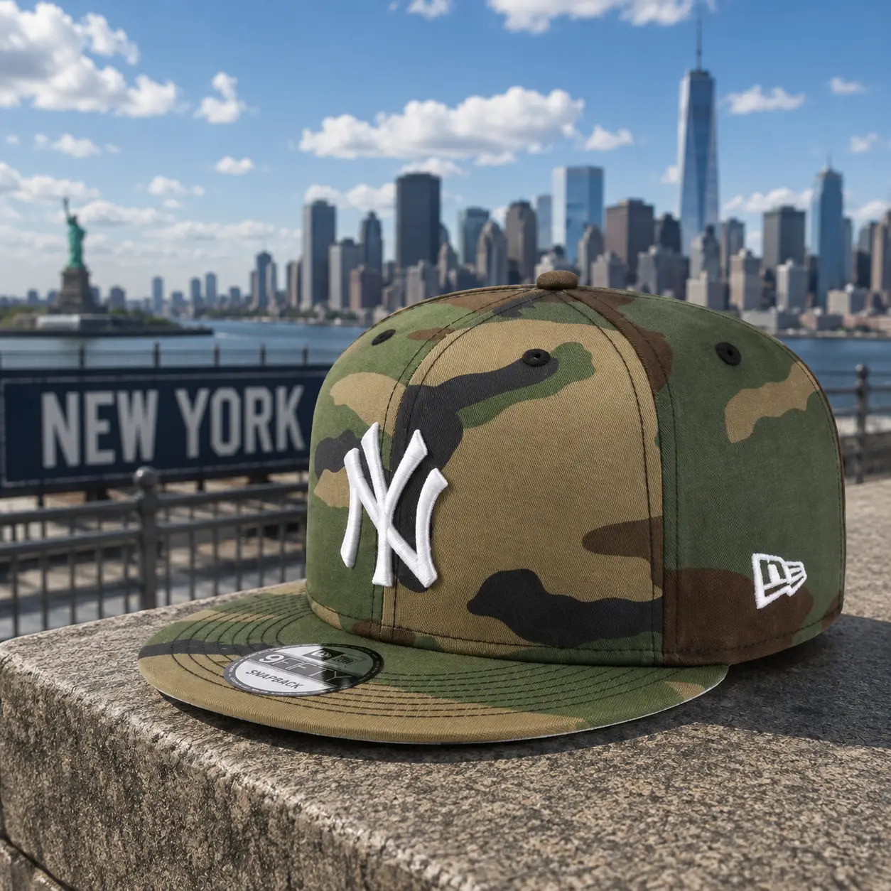 New York Yankees Camo Snapback Hat – Woodland Camouflage Flat Brim Baseball Cap, White NY Embroidered Streetwear Hat
