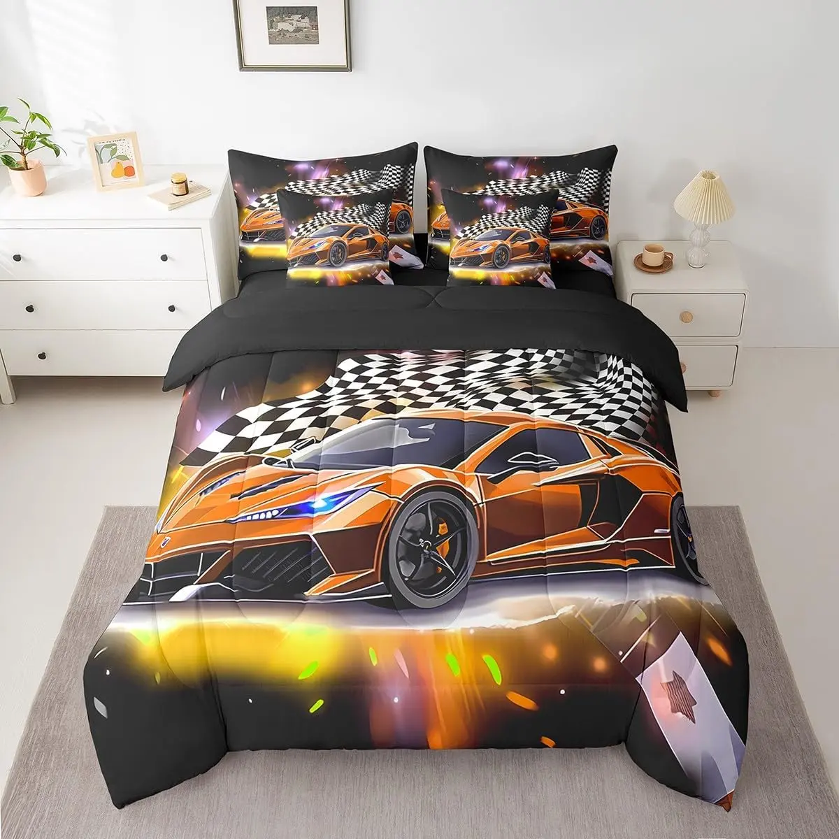 Feelyou 7-Piece Microfiber Orange Race Car Bedding Set - Twin Size Extreme Sport Theme Bed-in-a-Bag, Includes Breathable Sheets, Black and White Flag Comforter, Microfiber Bed Set, Bedsheet Sets, Decorative Bedsheet Sets