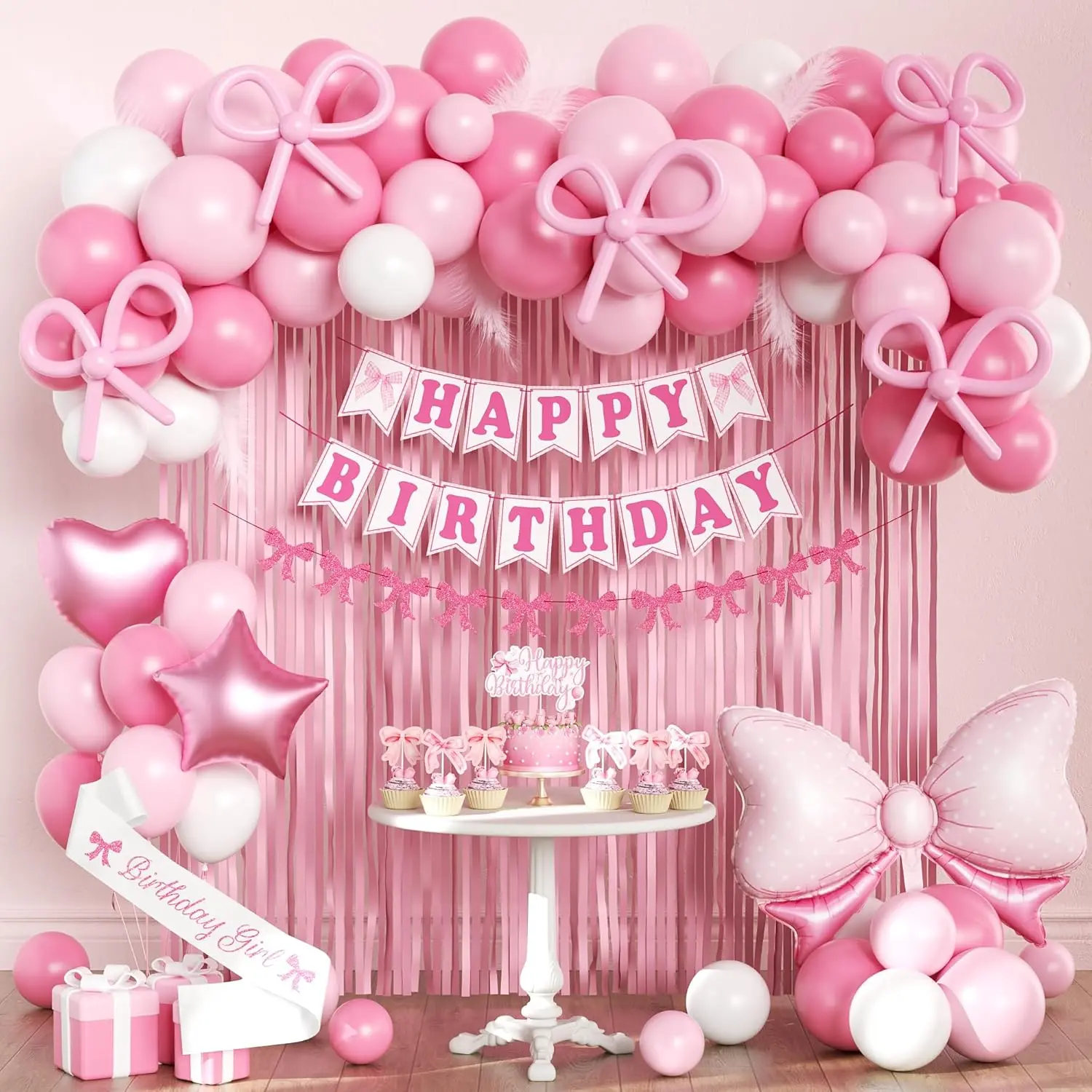 Coquette Themed Pink Bow Female Birthday Party Decor Set - Girls' Festive Supplies with Quick Setup, 1 Sash, 2 Foil Backdrops, Fringe Curtain, 35 Balloons, 2 Pink Bow Banners, 12 Cupcake Toppers, Photo Prop, Multicoloured Party Gifts, All Seasons Use, Arr