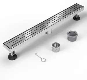 Stainless Steel Linear Shower Drain with Removable Brick Pattern Grate, Adjustable Rectangular Floor Drain with Hair Strainer for Bathroom