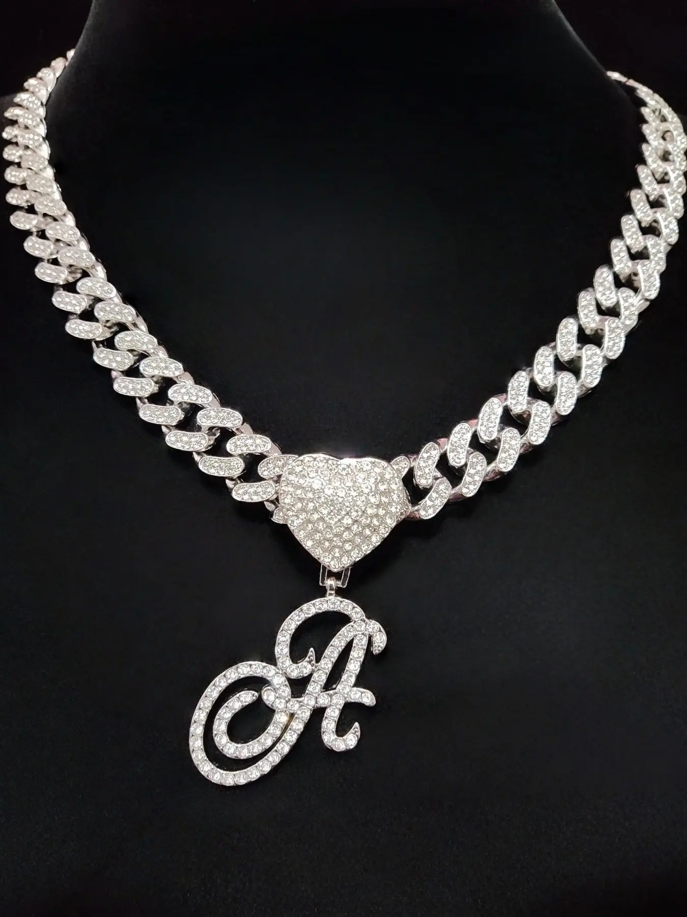 Fashion A-Z Letter Pendant Necklace & 13mm Glass Rhinestone Cuban Chain, Women Hip Hop Letter Pendant Necklace, Vintage Jewelry, Bling Stylish Accessory, Valentine's Day gift, Cuban Link Necklace