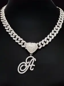 Fashion A-Z Letter Pendant Necklace & 13mm Glass Rhinestone Cuban Chain, Women Hip Hop Letter Pendant Necklace, Vintage Jewelry, Bling Stylish Accessory, Valentine's Day gift