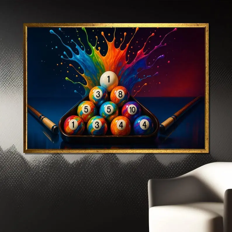 Unframed Billiard Balls Graphic Print Poster - Trendy Aesthetic Paper Wall Art with Neon Splash Explosion, Bold Pool Game Room Decor, Multi-Size (8x10,12x18,16x24,17x17,24x24,27x40) Home Decor Gift (Shipped in a Tube)