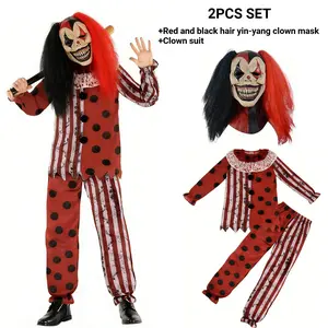 Scary Clown Mask，Terror Killer Clown 2-piece costume set, featuring a red and black yin-yang latex mask and clown costume, suitable for horror clown enthusiasts, carnival cosplayers, and adult Halloween themed parties