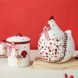 Charming Red Floral Chicken Ceramic Storage Jar - Microwave Safe, Flip-Top Sealed Container for Kitchen Organization & Decor