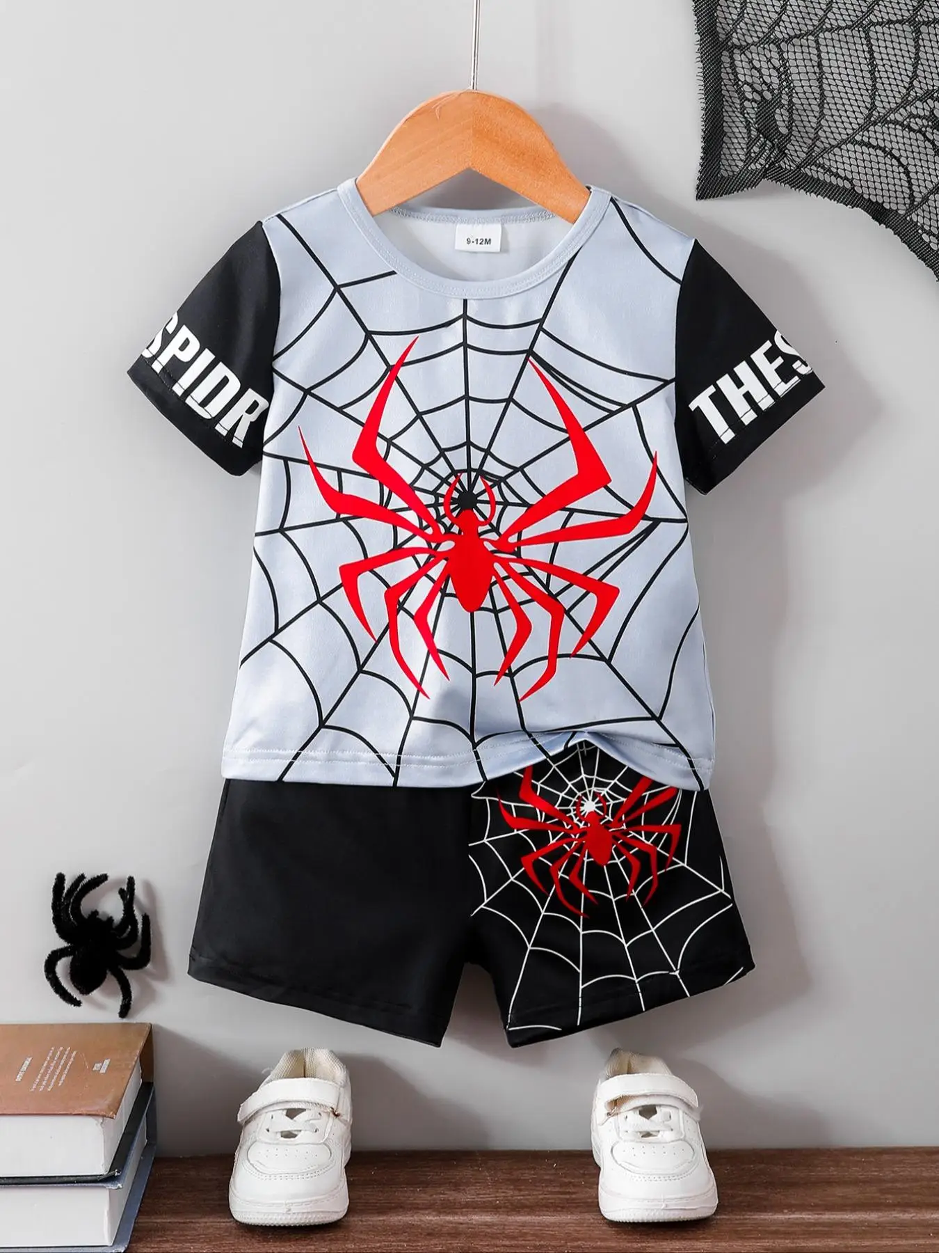 Baby's Spider Print Short Sleeve Tee & Shorts Two-piece Set, Casual Round Neck T-shirt & Shorts, Summer Outfits Clothes for Infant Toddler