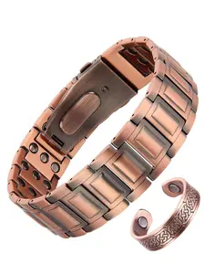 Men's Copper Magnetic Bracelet Set with Ring, Unique Foldover Clasp, Adjustable Tool Included, Perfect Gift, Durable Comfort Design, Durability