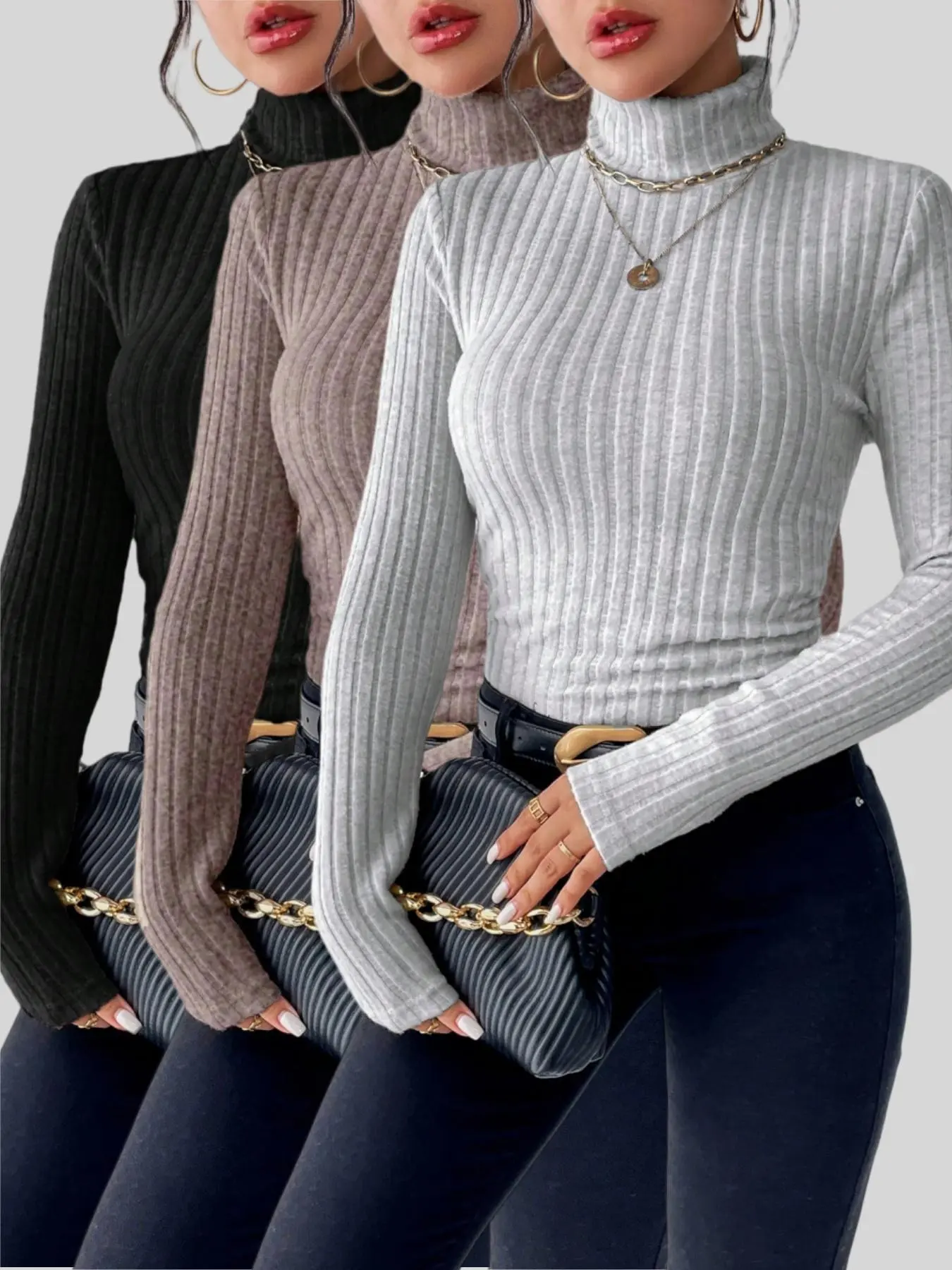 Women's Autumn Winter T-Shirt Three-Piece Set, High Collar Turtleneck Warm Long Sleeves, Soft Fabric, Knitwear, Essential Women's Clothing
