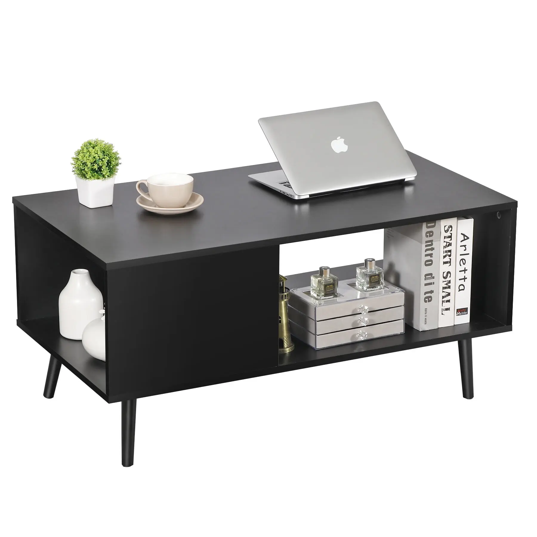 Segawe Midcentury Modern Coffee Table with Open Storage - Wood Panel, Angled Legs Furniture for Living Room, Condo, Indoor Apartment TV Console, Apartment Furniture