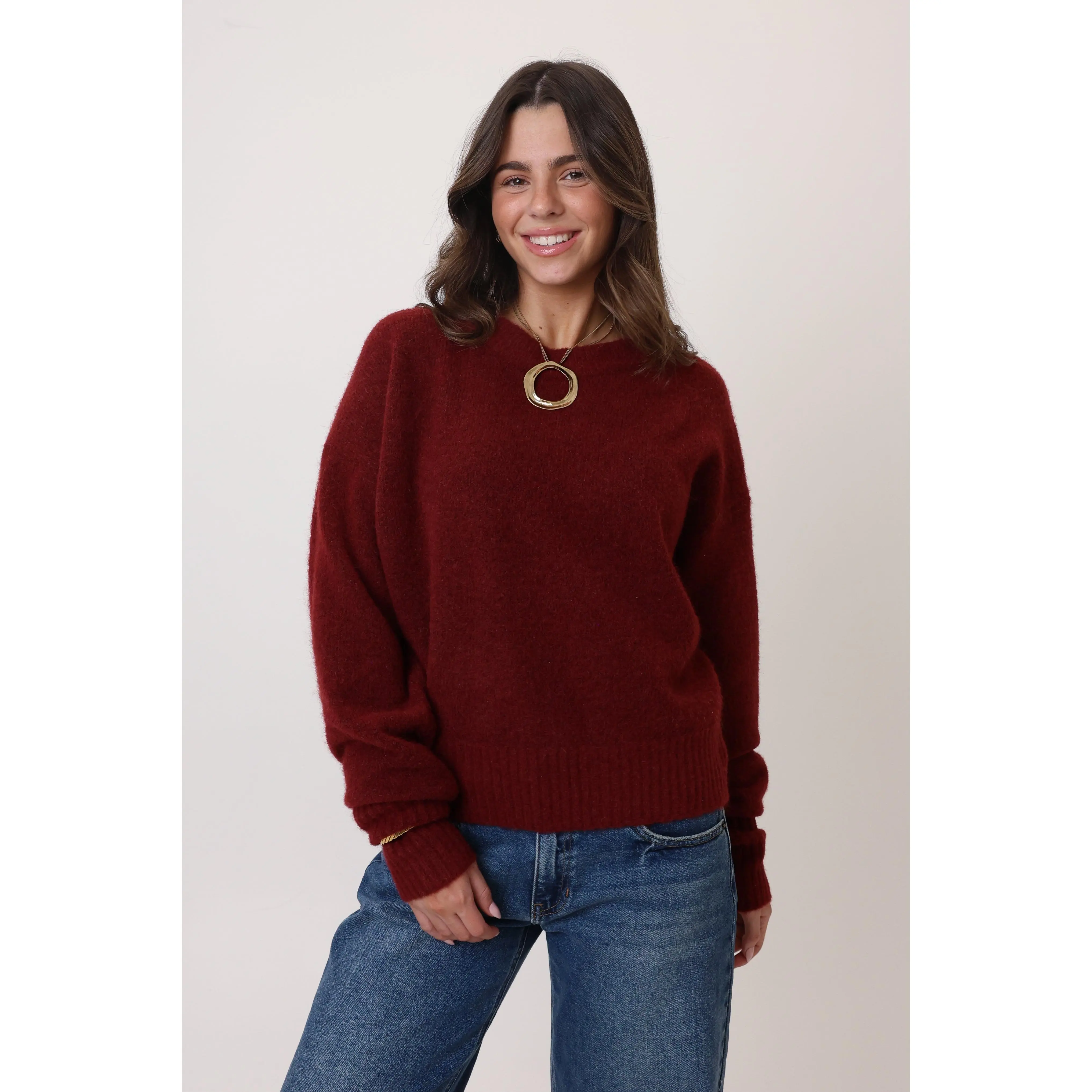 Women's Basic Pullover Sweater in Burgundy, Casual Long Sleeve Crew Neck Relaxed Fit Wool Blend Knitwear for Ladies, Lady, Tops, Burgundy Hoodies & Sweatshirts, Minimalist