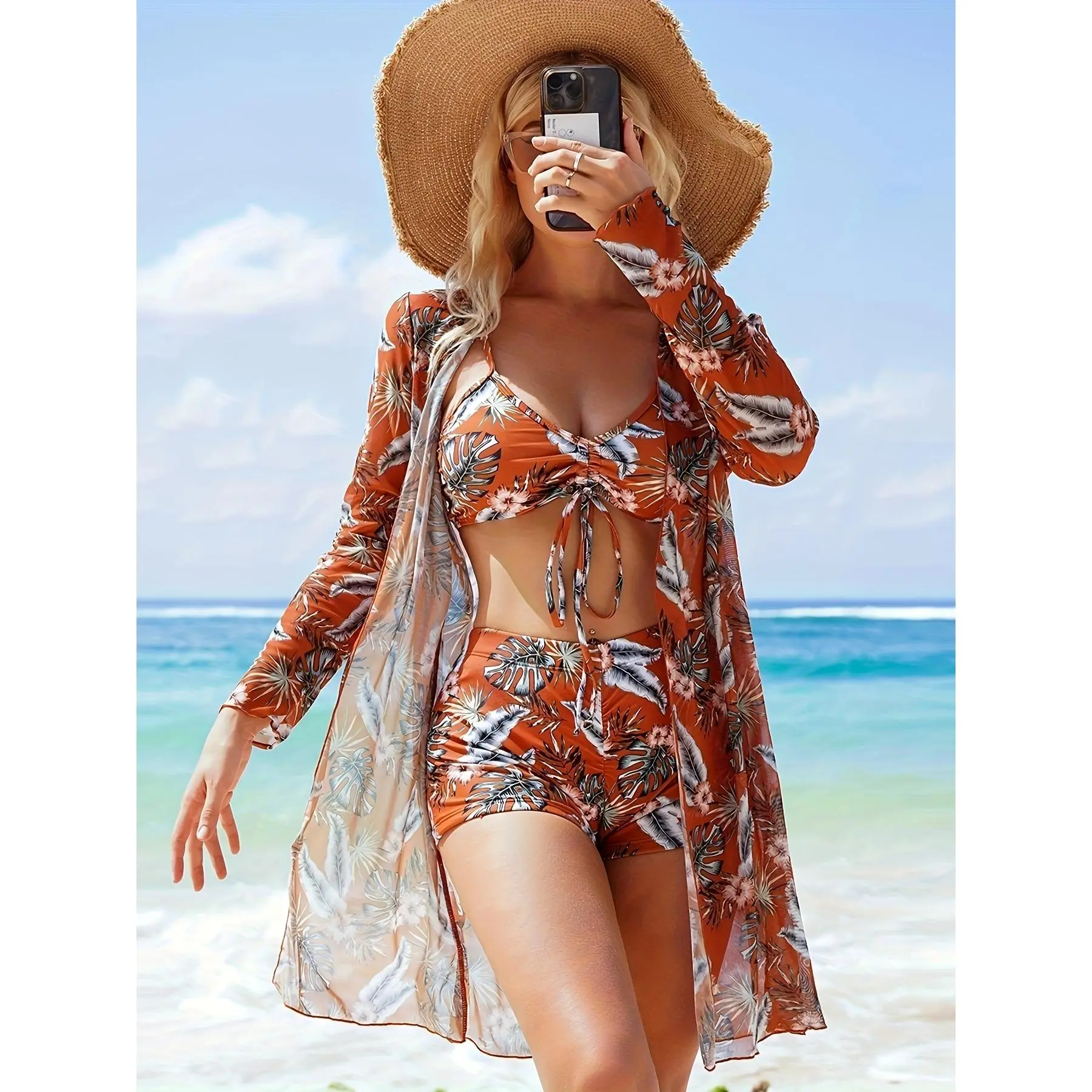 Women's Bikini Three-Piece Swimsuit with Boxer Shorts, New Split Cover-Up, Bowknot Fashion Beachwear