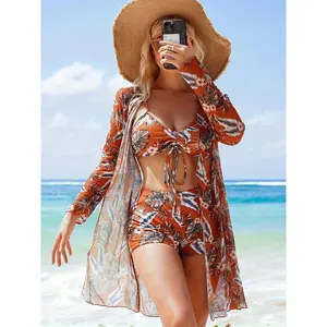 Women's Bikini Three-Piece Swimsuit with Boxer Shorts, New Split Cover-Up, Bowknot Fashion Beachwear