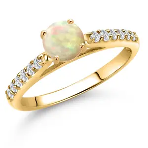 Gem Stone King 10K Yellow Gold Gemstone Birthstone and White Lab Grown Diamond Engagement Ring For Women | Round 5MM and 1.5MM | Wedding Anniversary Promise Ring | Sizes 5, 6, 7, 8, 9