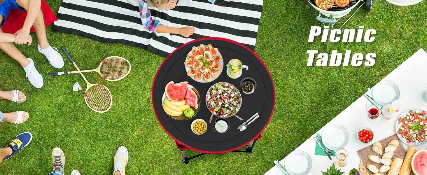 Lightweight Portable Folding Camping Table with Waterproof Canvas Aluminum Frame 4 Cup Holders Double Shelves Carry Bag for Camping Beach Tailgating Outdoor Activities