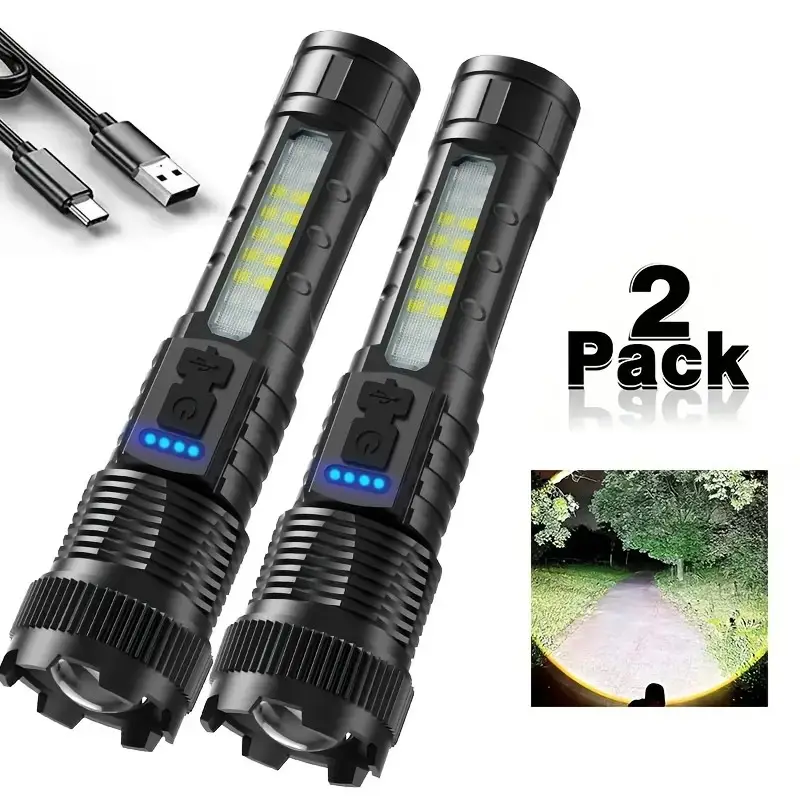 2-piece rechargeable zoom ultra bright flashlight, suitable for emergency power outages, outdoor camping, hurricanes Rechargeable LED battery powered,