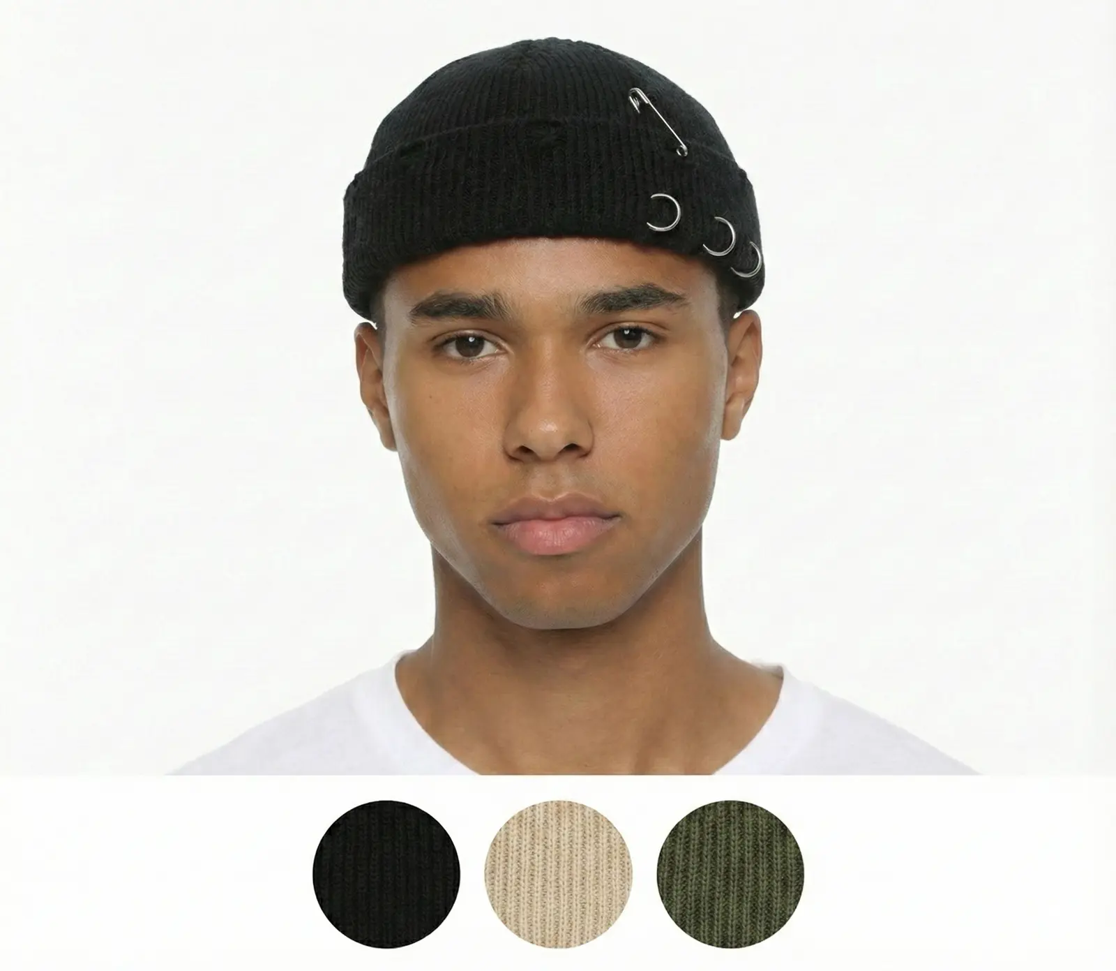 High Level Unisex 8in Acrylic Knitted Skully Beanie - Frayed Edges, Distressed Design with Rings & Safety Pin, Plain Tombstone Hat, Stylish Punk Streetwear Fashion Accessory (Beige/Army Green/Black), Stylish Hat