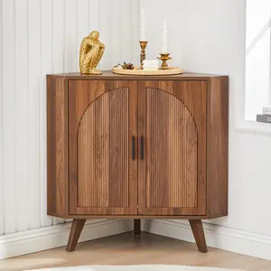 Giratree Fluted Corner Storage Cabinet, Space-Saving Corner Floor Cupboard with Arched Panel Doors, Modern Accent Cabinet with Adjustable Shelf for Living Room Kitchen Bathroom