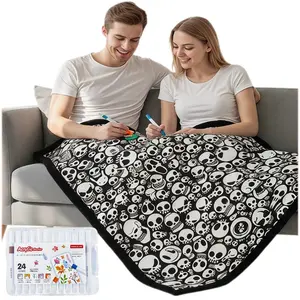 Color-Your-Own Blanket for Kids & Adults – DIY Interactive Fuzzy Velvet Throw with 24 Acrylic Markers – Creative Art Blanket for Family Fun & Travel，Mother's Day gift Color-Fillable Flannel Custom Coloring Sherpa Kit