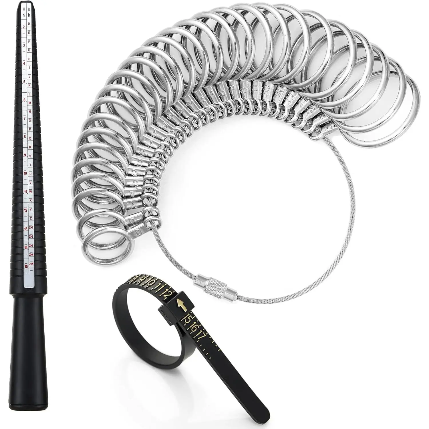 Ring Sizer Measuring Tool Kit, Plastic Ring Mandrel,  Finger Size Tape 1-17  Rings Size, 27 count Stainless Steel Measuring Ring Tool,  Ring Size 0-13 with Half Size