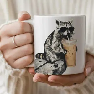 [SALE UP TO 50% + FREE SHIP]  Cool Raccoon with Sunglasses Drinking Iced Coffee Mug - Funny Sassy Animal Meme Gift for Coffee Lovers and Office Coworkers