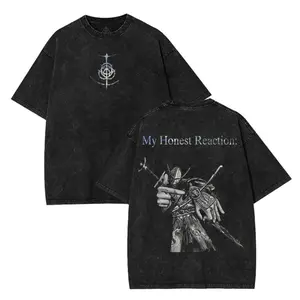 Acid Washed Oversized Elden Ring Nightreign Graphic T Shirt My Honest Reaction Wylder Design Heavyweight Cotton Lightweight Short Sleeve Crew Neck Casual Streetwear Retro Game Fan Daily Fashion Tops For Adult Men