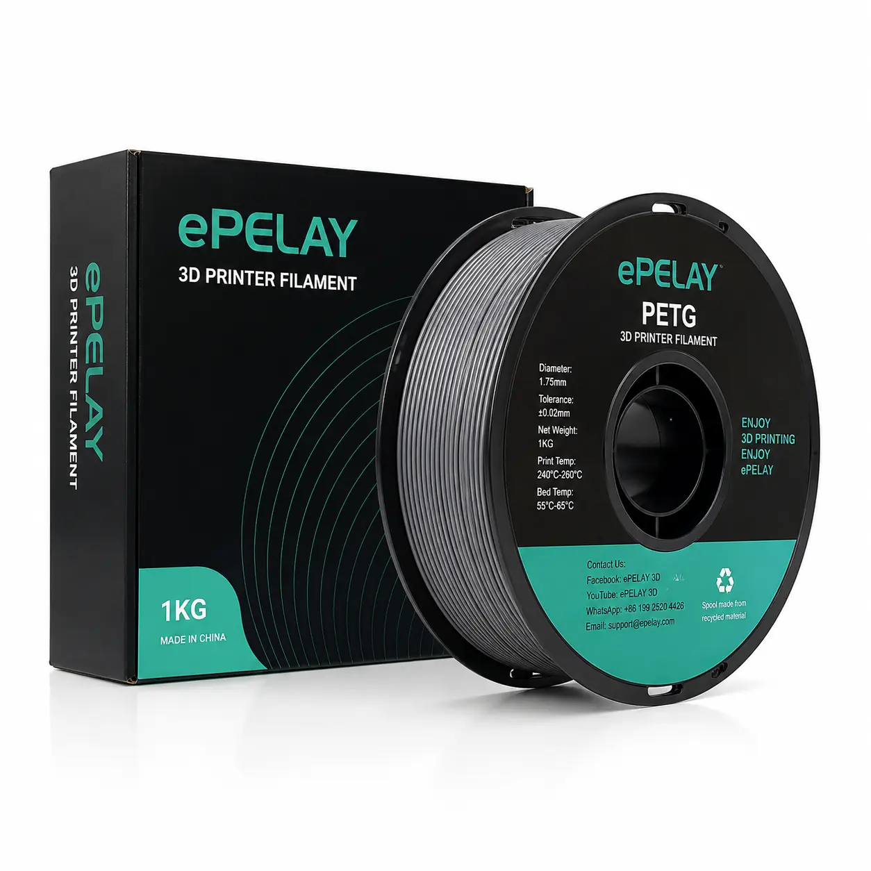 Epelay PETG 3D Printer Filament, 1.75mm, 1kg Black, Tough Heat-Resistant, Low Stringing, Mirror Gloss Smooth Prints, No Clogs, Compatible with FDM 3D Printers