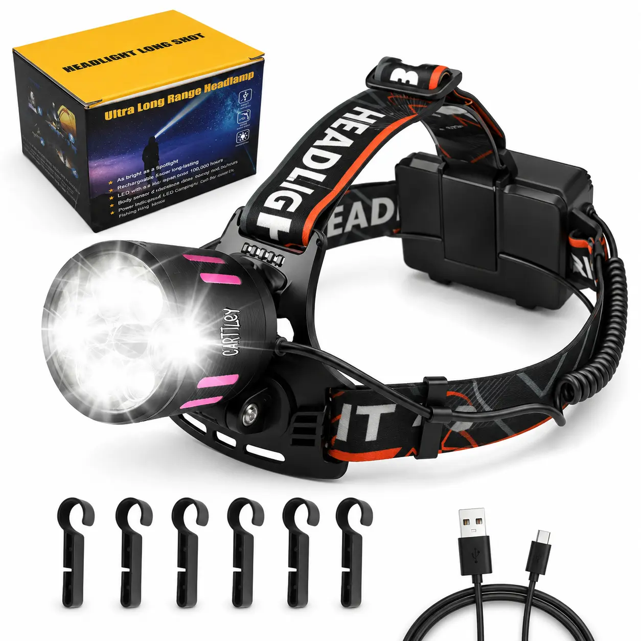 Rechargeable LED Headlamp High Lumens  Head Lamp, 5 Modes  Zoomable & 90° Adjustable, Waterproof Head Light for Forehead, Adults