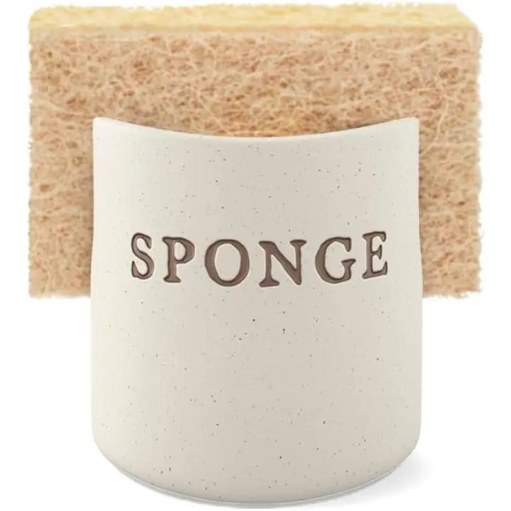 Sturdy Kook Ceramic Sponge Holder, Speckled Stoneware Caddy, Countertop Soap & Scrub Rest, Rustic Farmhouse Style Kitchen Sink Decor, Dishwasher Safe, Cream